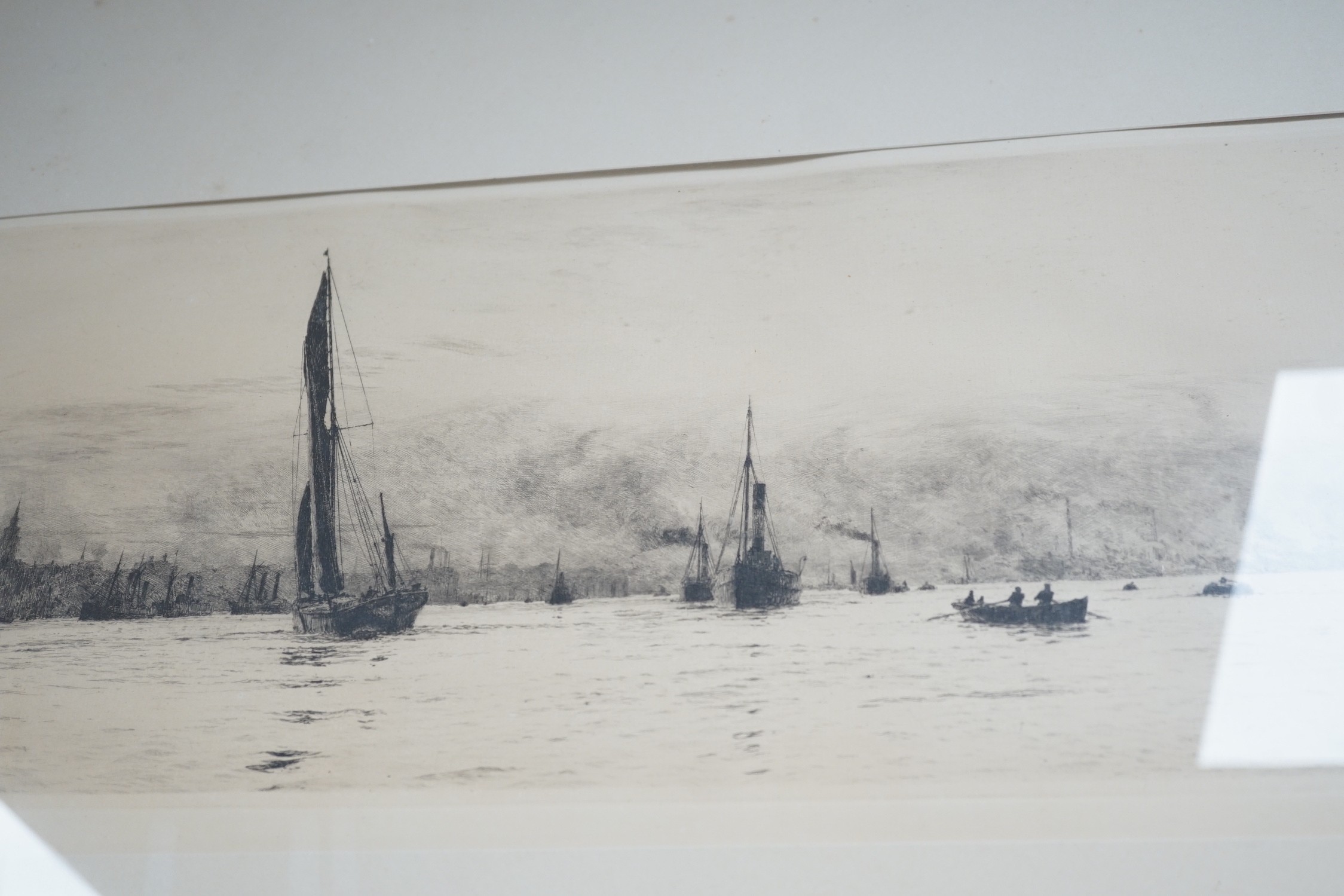 William Lionel Wylie (1851-1931), drypoint etching, Ships in convoy, signed in pencil outside the plate, 12 x 34cm, together with another similar, unsigned, 20 x 50 cm